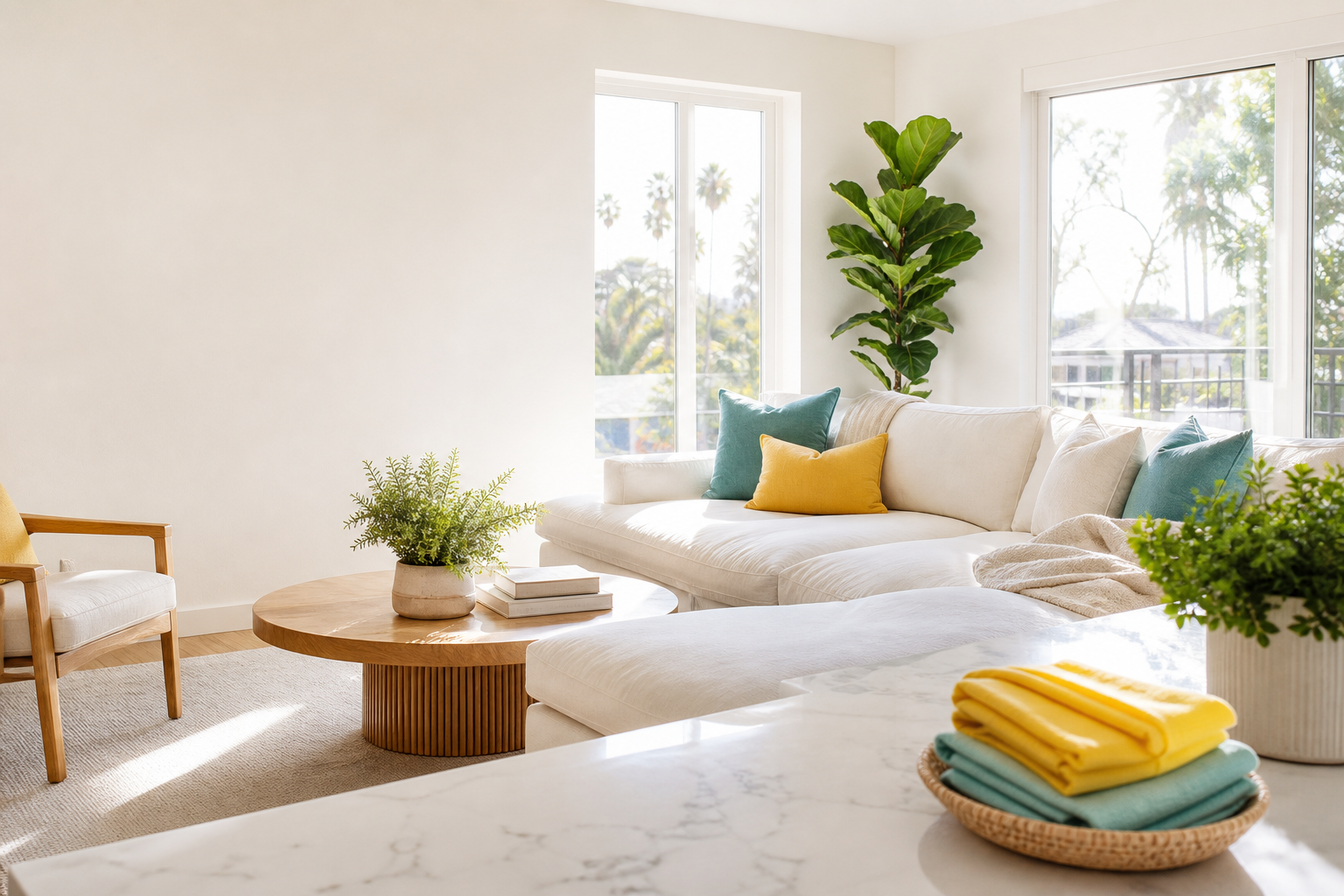 Sunlit living room with a sofa, cushions, and a coffee table